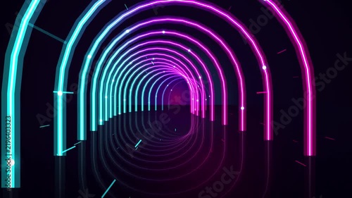 Glowing Blue and Pink Neon Tunnel with Repeating Light Arches