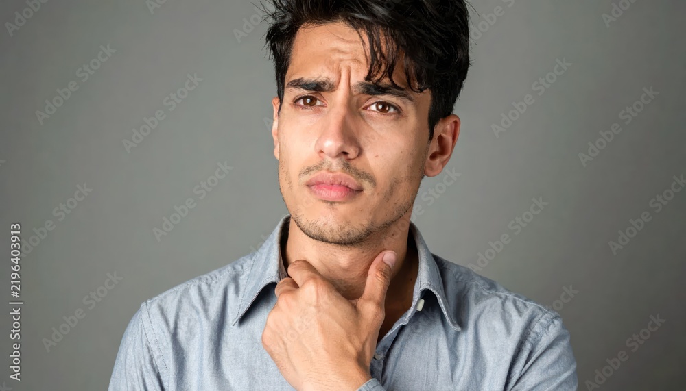 Fototapeta premium Young man touching neck suffering from sore throat pain.