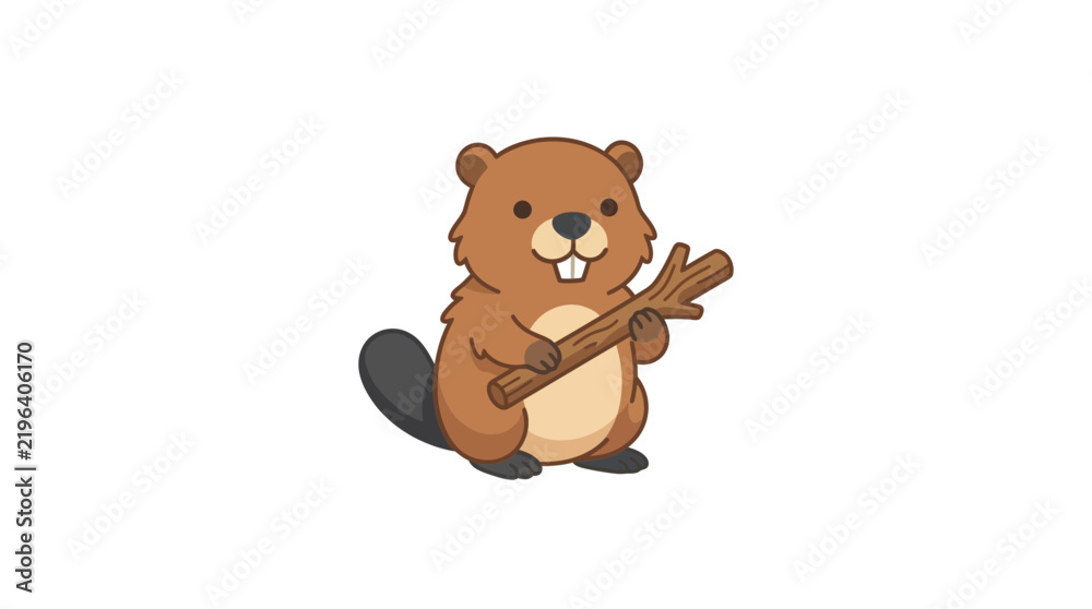 Fototapeta premium Cute cartoon beaver holding a wooden stick.