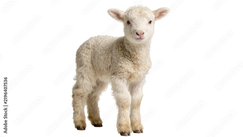 Fototapeta premium Fluffy white lamb standing, isolated on transparent background