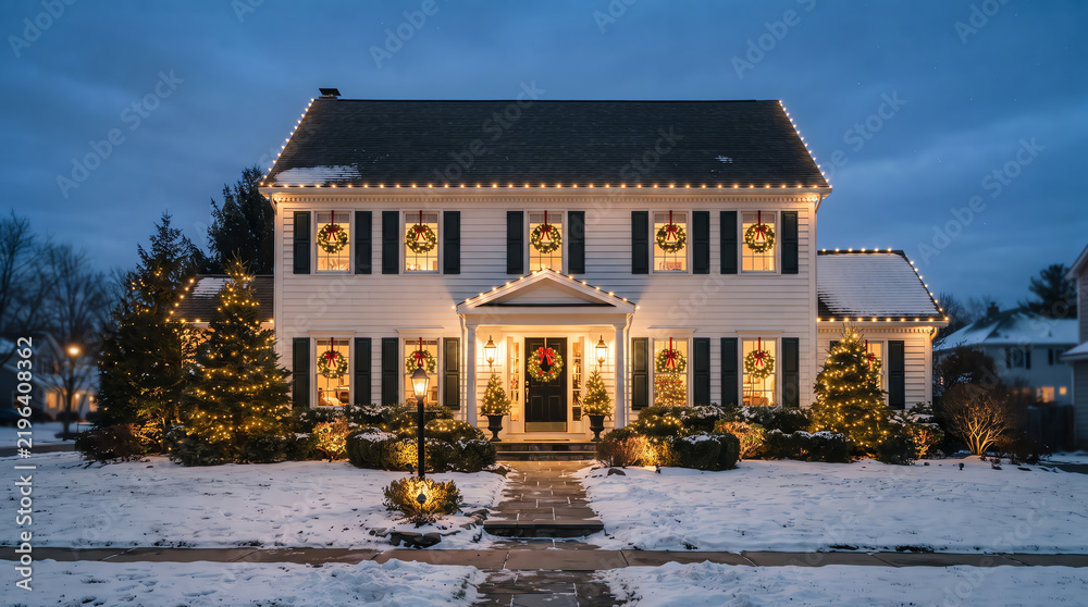 Obraz premium A beautiful colonial style house decorated with bright festive christmas lights during a snowy winter evening twilight