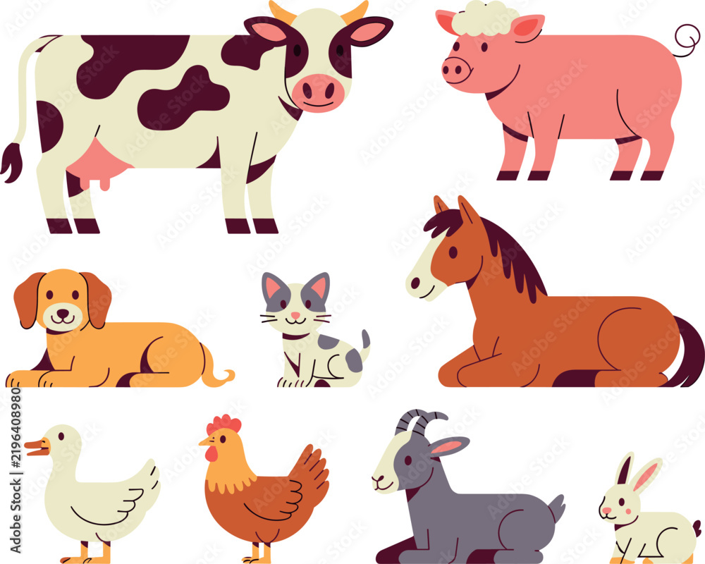 Obraz premium Flat design farm animal vector set showcasing cow pig horse dog cat duck hen goat and rabbit illustrations