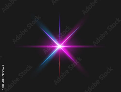 Vibrant neon light burst with glowing blue magenta rays and bright luminous center.