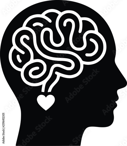 Brain heart vector illustration showing human head profile with connected internal organ icons for mental health and psychology concepts