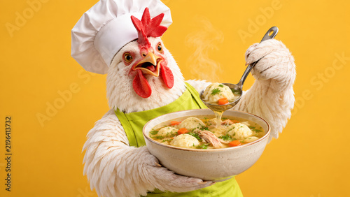 Whimsical chicken chef in a white hat and green apron holding a bowl of homemade chicken soup with dumplings on yellow background.