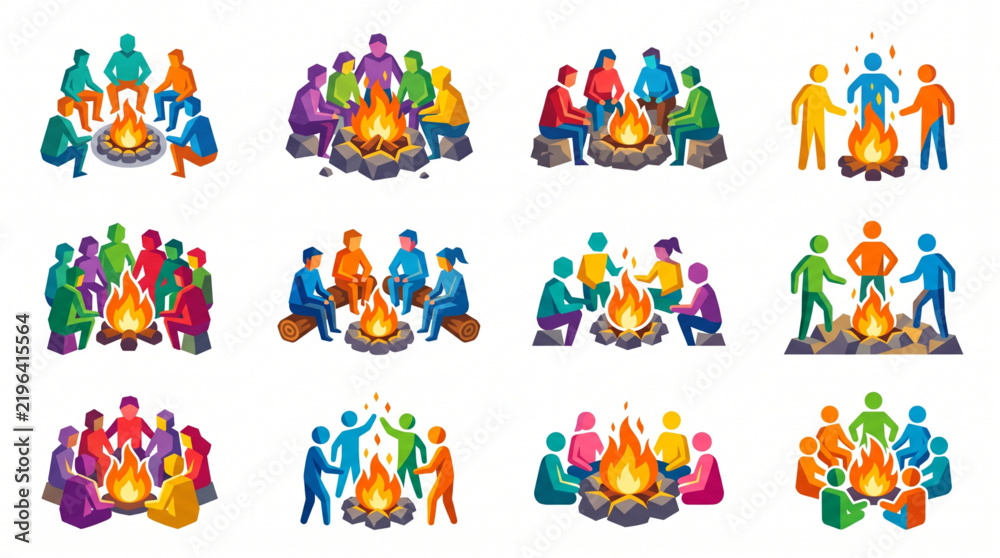 Fototapeta premium Set of colorful vector icons showing people sitting and standing around a campfire