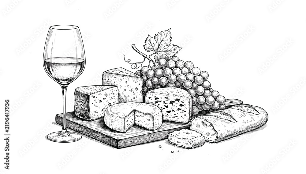 Obraz premium Detailed vintage sketch of white wine cheese board and bread