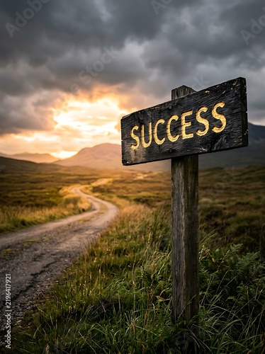 Wooden directional road sign post showing success on rustic countryside pathway leading towards bright golden sunset over distant misty mountains and hills.