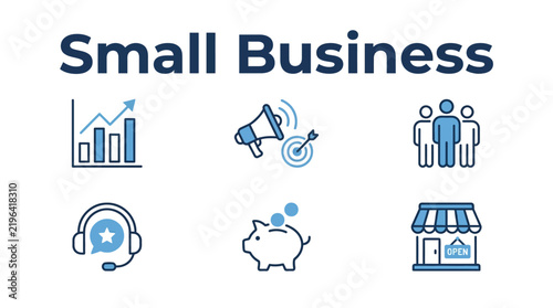 6 small business blue line icons for entrepreneurs