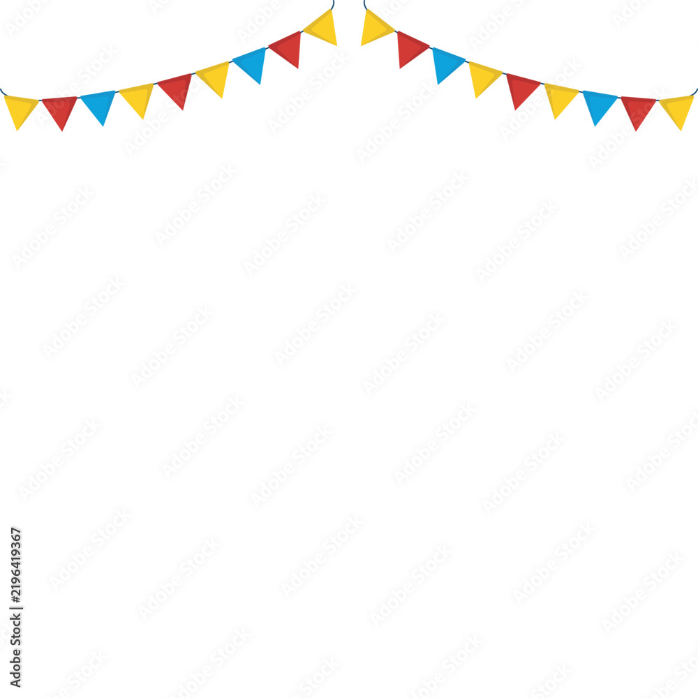 Fototapeta premium colorful primary bunting garland banner with red, yellow, and blue pennant flags isolated on white background for birthday, carnival, and party frame border design