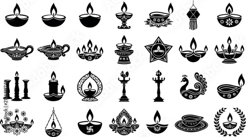 Canvas Print Collection of ornate oil lamps candle holders and traditional symbols in a black