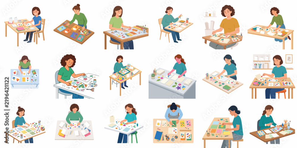 Fototapeta premium Flat vector illustration set of diverse women engaged in various creative hobbies and DIY crafts at their desks including scrapbooking painting and paper art for leisure and home projects