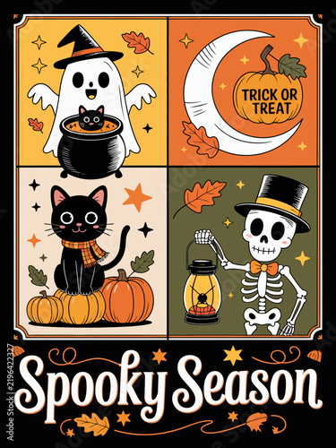 Halloween four panel ghost cat skeleton pumpkin Spooky Season art