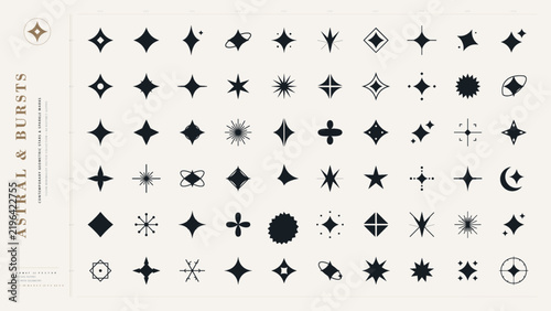 Collection of astral stars and bursts with various shapes and designs in a clear layout on a simple background