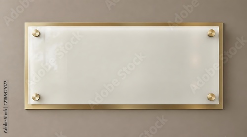 Modern blank white horizontal plaque with premium gold frame and metallic standoffs on a neutral wall. Ideal for corporate signage mockups, office nameplates, or architectural directory displays.