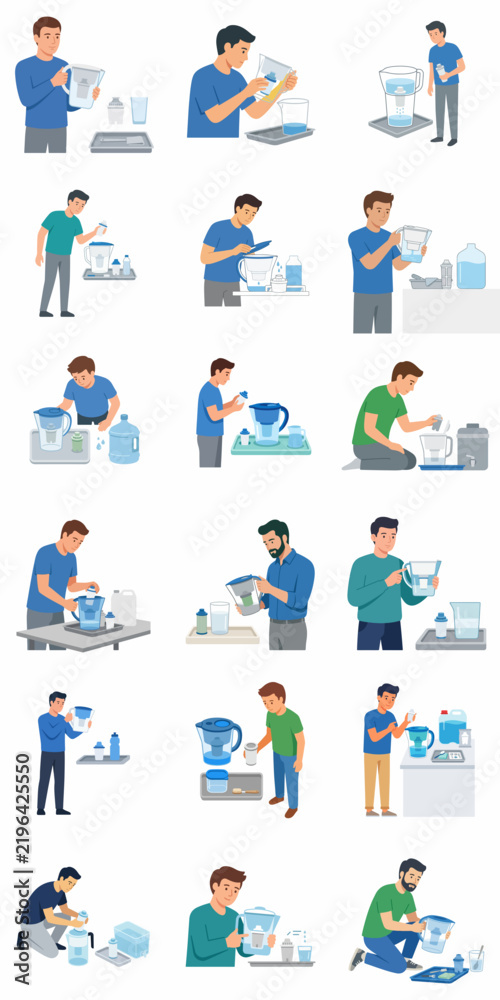 Fototapeta premium Flat Vector Illustration Set of People Using 3D Printers for Prototyping and Hobbyist Projects, Men Engineering Small Plastic Models and Changing Filament Spools on White Background