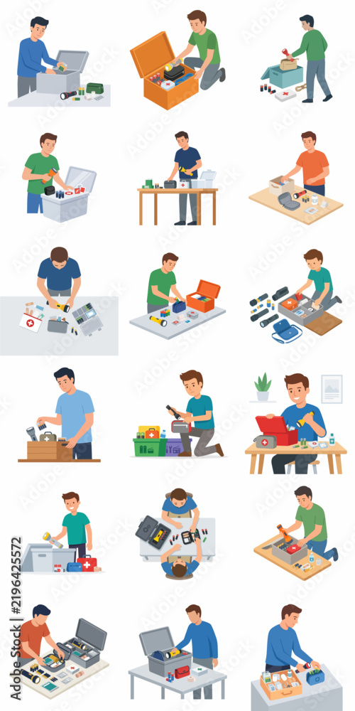 Fototapeta premium Comprehensive collection of flat vector illustrations featuring men packing suitcases and boxes for travel, relocation, or home organization. Isolated characters sorting and decluttering belongings.