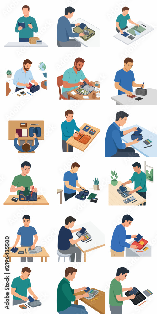 Fototapeta premium Large Collection of Flat Vector Illustrations Showing People Packing Shipping Boxes for E-commerce Business Logistics and Delivery Fulfillment Service isolated on White Background