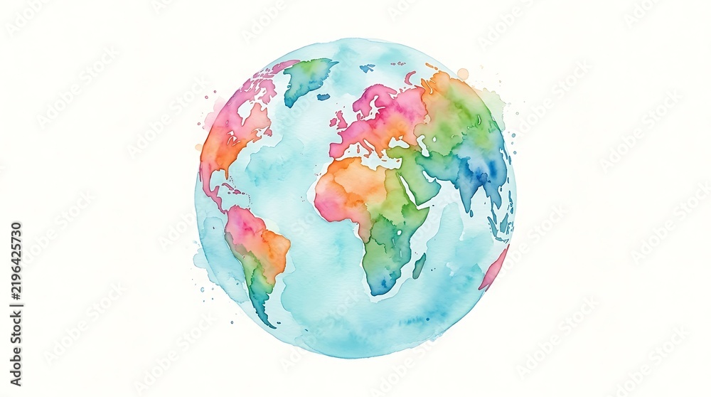Obraz premium Colorful watercolor world map globe illustration with bright artistic paint splashes representing global unity and earth