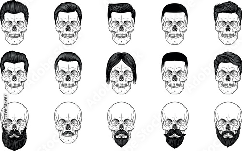 Obraz na plátne Skulls with varied hairstyles and facial hair black and white vector