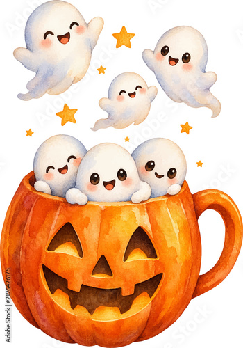 Adorable Watercolor Baby Ghosts Floating from Halloween Jack-o-Lantern Pumpkin Mug