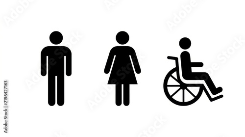 Accessible restroom icons set with male, female, and wheelchair symbols