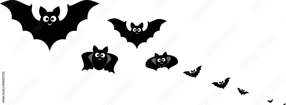 Fototapeta premium Black bat silhouettes fly across a white background halloween themed