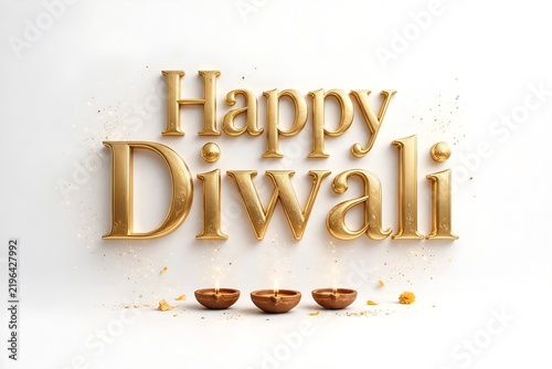 Elegant Happy Diwali 2026 typography in metallic gold with two glowing traditional diyas on a clean white background.