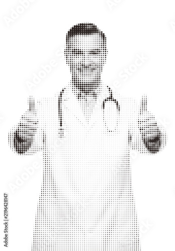 Halftone dot pattern illustration of a doctor wearing a stethoscope in black and white isolated on transparent background, illustration