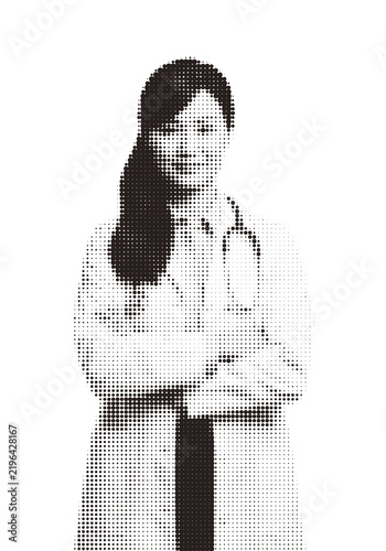 Halftone portrait of a smiling woman standing isolated on transparent background, illustration