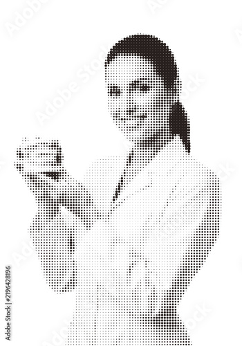 Black and white halftone dot portrait of a woman holding a smartphone isolated on transparent background, illustration