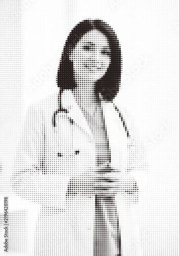 Black and white halftone dot pattern portrait of a professional female doctor isolated on transparent background, illustration