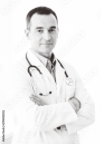 Abstract halftone portrait of a person made of black dots isolated on white background isolated on transparent background, illustration