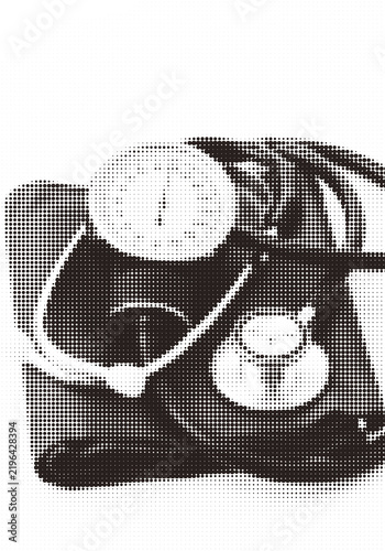 Black and white halftone pattern illustration of a retro rotary telephone icon isolated on transparent background, illustration