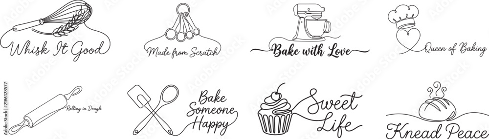 Fototapeta premium Set of continuous line art baking icons and calligraphy quotes