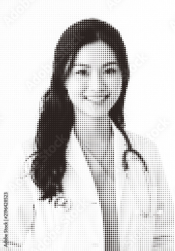 Black and white halftone dot portrait of a female doctor with a stethoscope isolated on transparent background, illustration