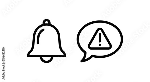 Notification bell icon and speech bubble with warning triangle exclamation mark warning sign line art black and white reminder attention