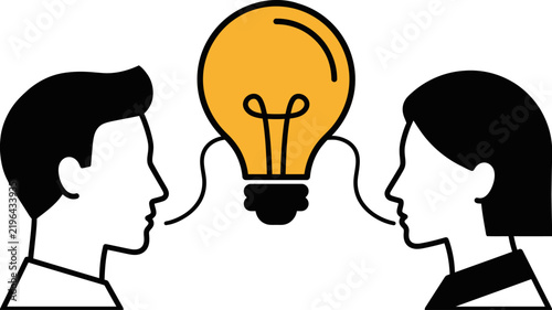 Two people connecting and exchanging thoughts and inspiration symbolized by a bright glowing lightbulb illustration