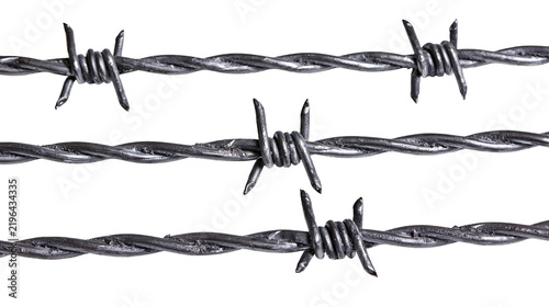 Bild auf Leinwand Isolated three strands of weathered metal barbed wire fence, security barrier with sharp barbs