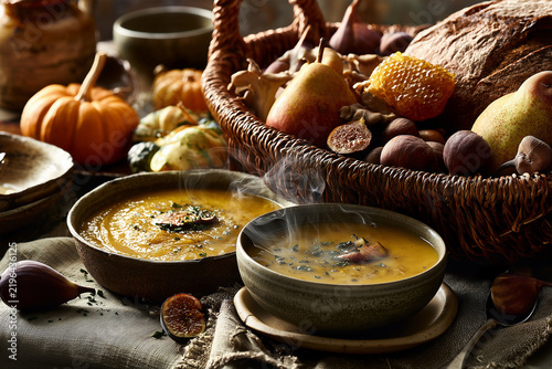 Luxury autumn lunch with steaming creamy pumpkin soup and an oversized harvest basket