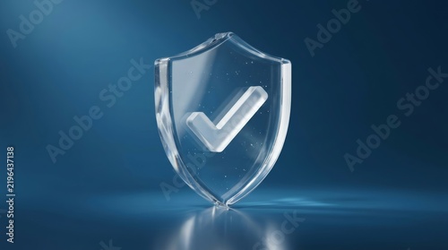 A glass shield with a checkmark inside on a blue background symbolizing approval and data security.