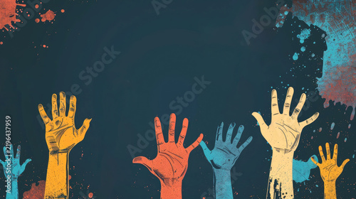watercolor illustration, International Solidarity Day, multicolored palms up, blue background, vintage postcard, horizontal banner, copy space, free space for text