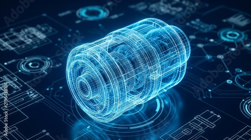 A sleek and innovative product design presented as a 3D blueprint rendering.