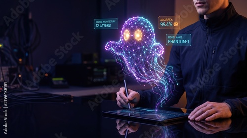 AI neural network forming a ghost shaped architecture with machine learning accuracy and model analysis in a dark futuristic Halloween technology workspace