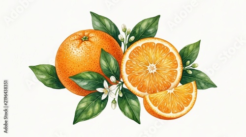 Juicy orange fruit with green leaves, a vibrant watercolor drawing isolated on transparent background.