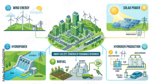 Smart Eco City Renewable Energy Infographic with Wind Solar Hydropower Biofuel and Hydrogen