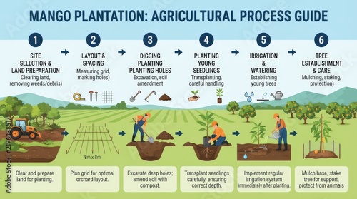 Mango plantation agricultural process infographic showing step by step farming stages