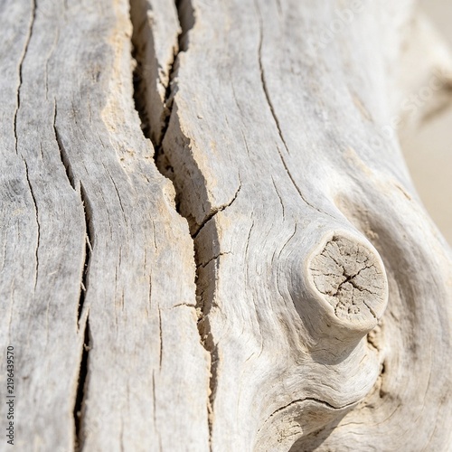 Close up of weathered driftwood with deep cracks and a knot showing texture and age