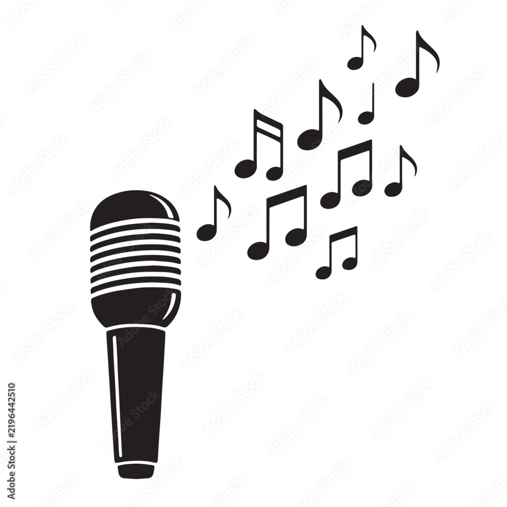 Fototapeta premium Black Microphone with Music Notes floating Silhouette Vector, High Quality Illustration on White Background