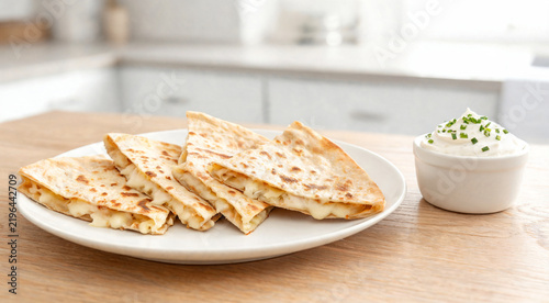 Delicious quesadilla slices served with a side of sour cream garnished with chives, presented on a white plate on a wooden table, with a blurred kitchen background.